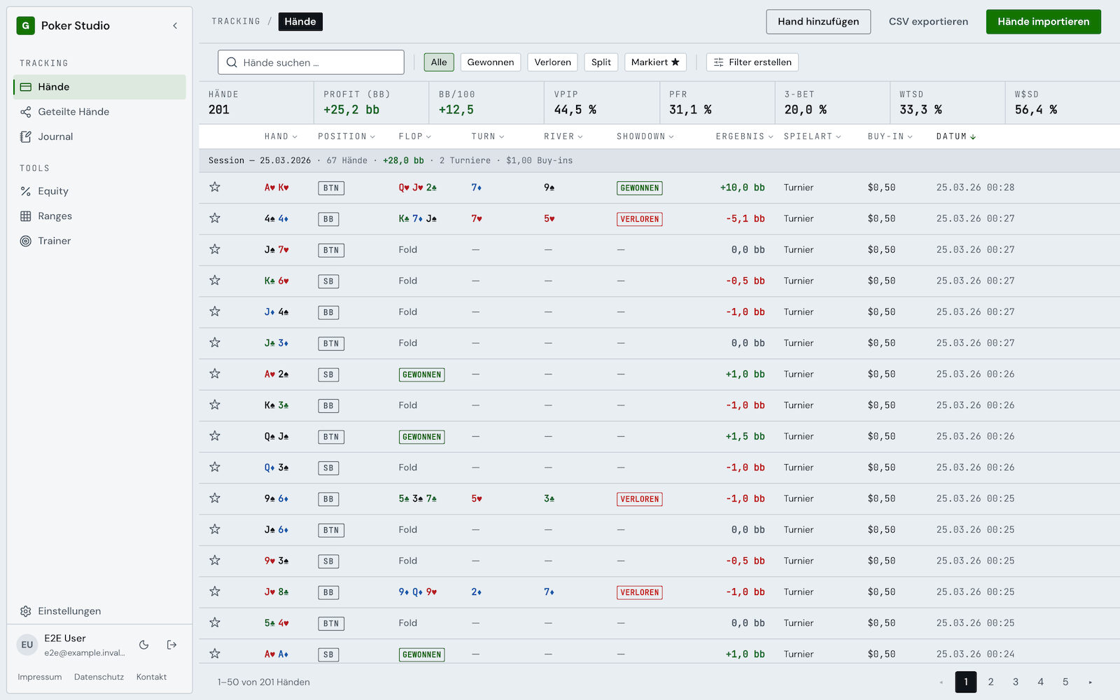 Poker Studio Handliste bei 1440 px im hellen Design